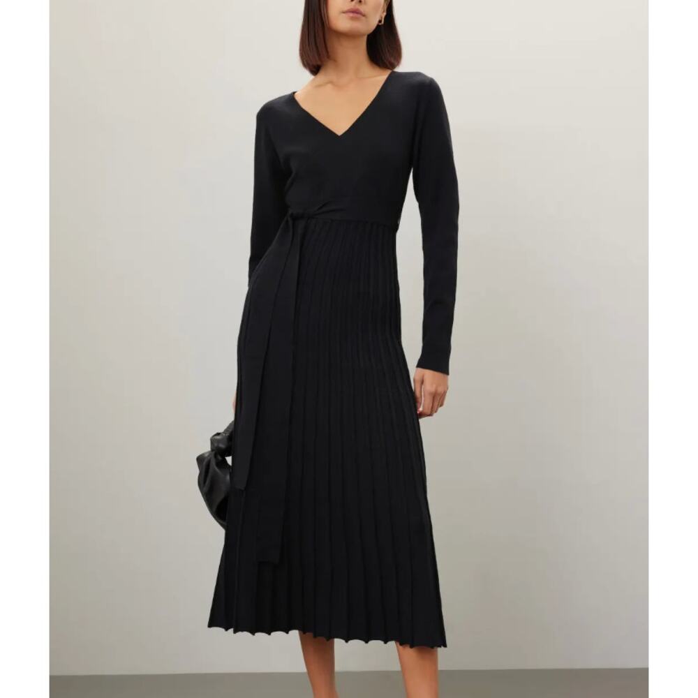 Area Stars Black Knit Midi Wrap Dress XS Pleated Fit Flare Career Designer $175